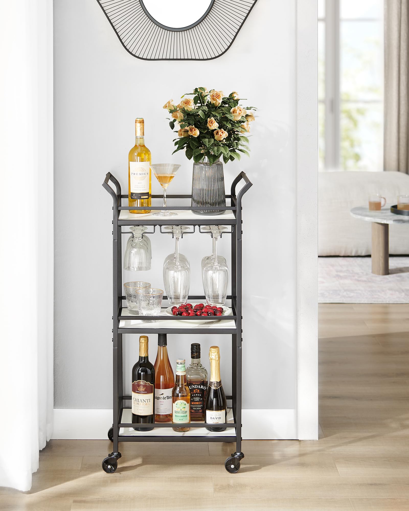 VASAGLE Bar Cart, Home Bar Serving Cart, Small Bar Cart with 3-Tier Shelf, Wine Holders, Glass Holders, Mini Bar Cart for Small Spaces, Kitchen, Dining Room, Living Room, Ink Black