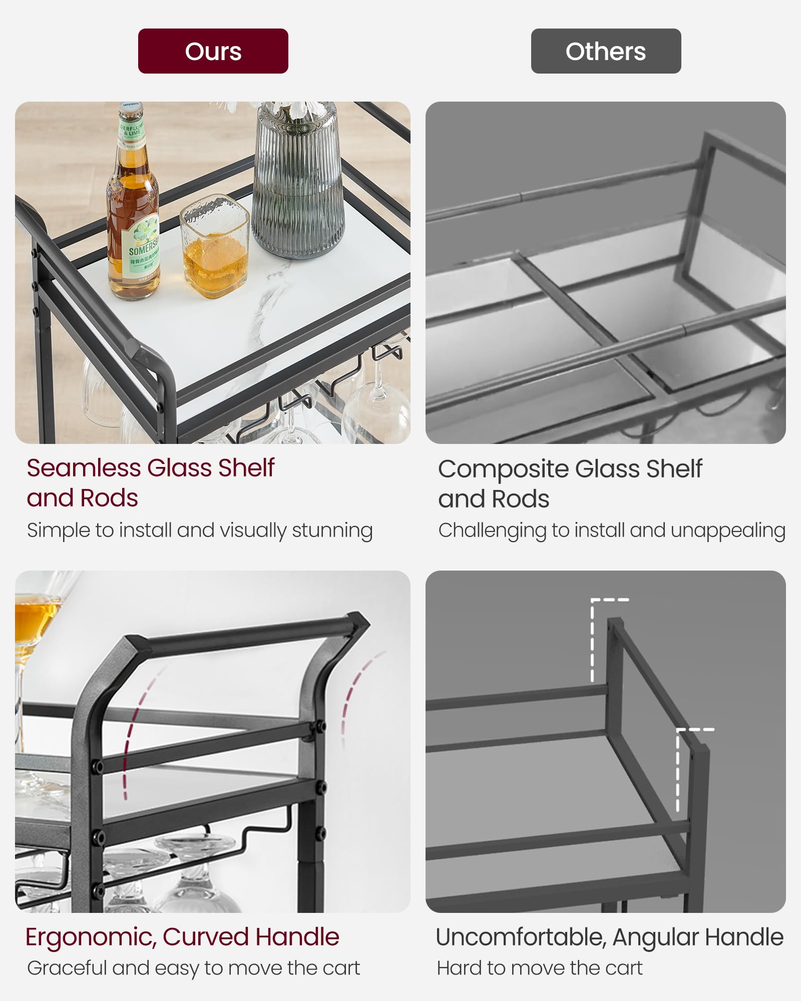 VASAGLE Bar Cart, Home Bar Serving Cart, Small Bar Cart with 3-Tier Shelf, Wine Holders, Glass Holders, Mini Bar Cart for Small Spaces, Kitchen, Dining Room, Living Room, Ink Black