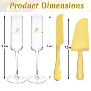 JUSTOTRY Wedding Cake Cutting Knife And Server Set Engraved Gold Mr And Mrs Champagne Flutes Glasses Bride And Groom Champagne Toast For Bridal Shower Engagement Gifts