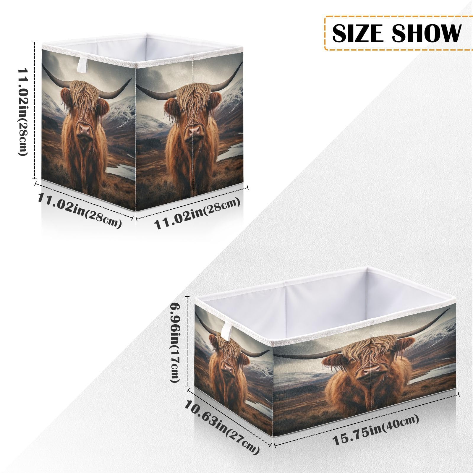 Haskirky Highland Cow Foldable Collapsible Storage Box Bins,11x11x11 Inch Cubes Baskets Fabric Storage Bins with Handles for Shelves Nursery Closet Home Decor