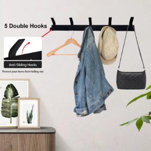 YINJIPIN 2 Pack Coat Rack Wall Mount with 5 Double Hooks for Hanging Heavy Duty, 17 Inch Thick Metal Rust Resistant Coat Hooks, Towel Clothes Jacket Coat Hanger, Hat Rack for Wall (Black)