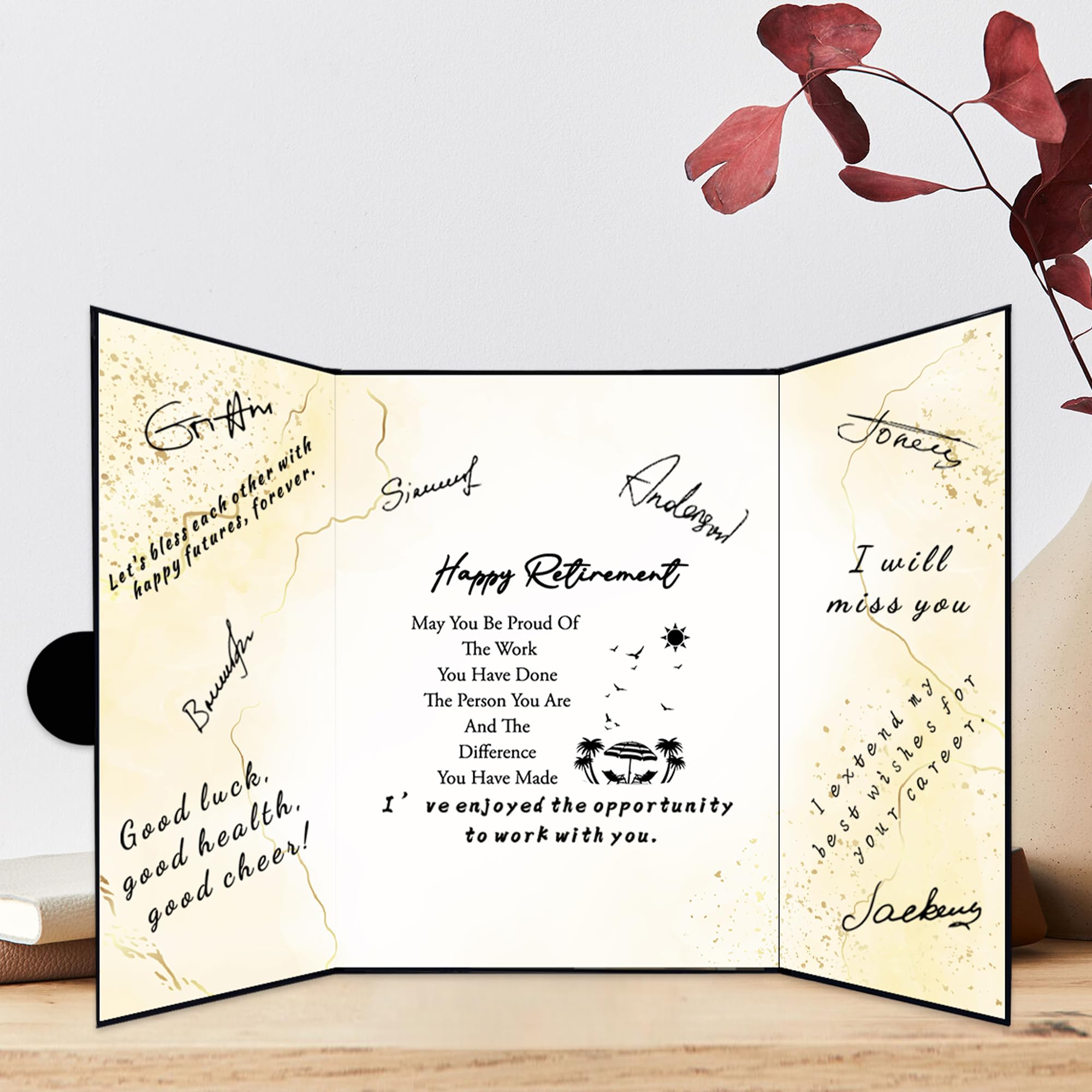 Holkcog Black Gold Retirement Party Decorations,Black Gold Giant Happy Retirement Guestbook Fun Beach Themed Retirement Party Signature Book,Best Retirement Gifts for Women Men, Retire Signing Boards…