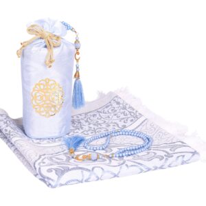 Prien Prayer Rug with Tasbih Bag for Pray, Muslim Gifts Bayram, Mat Salah, Sajadah for Women & Men, Islamic Gift Set for Islam Ramadan, Prayer, Praying, Eid, Quran (Blue)