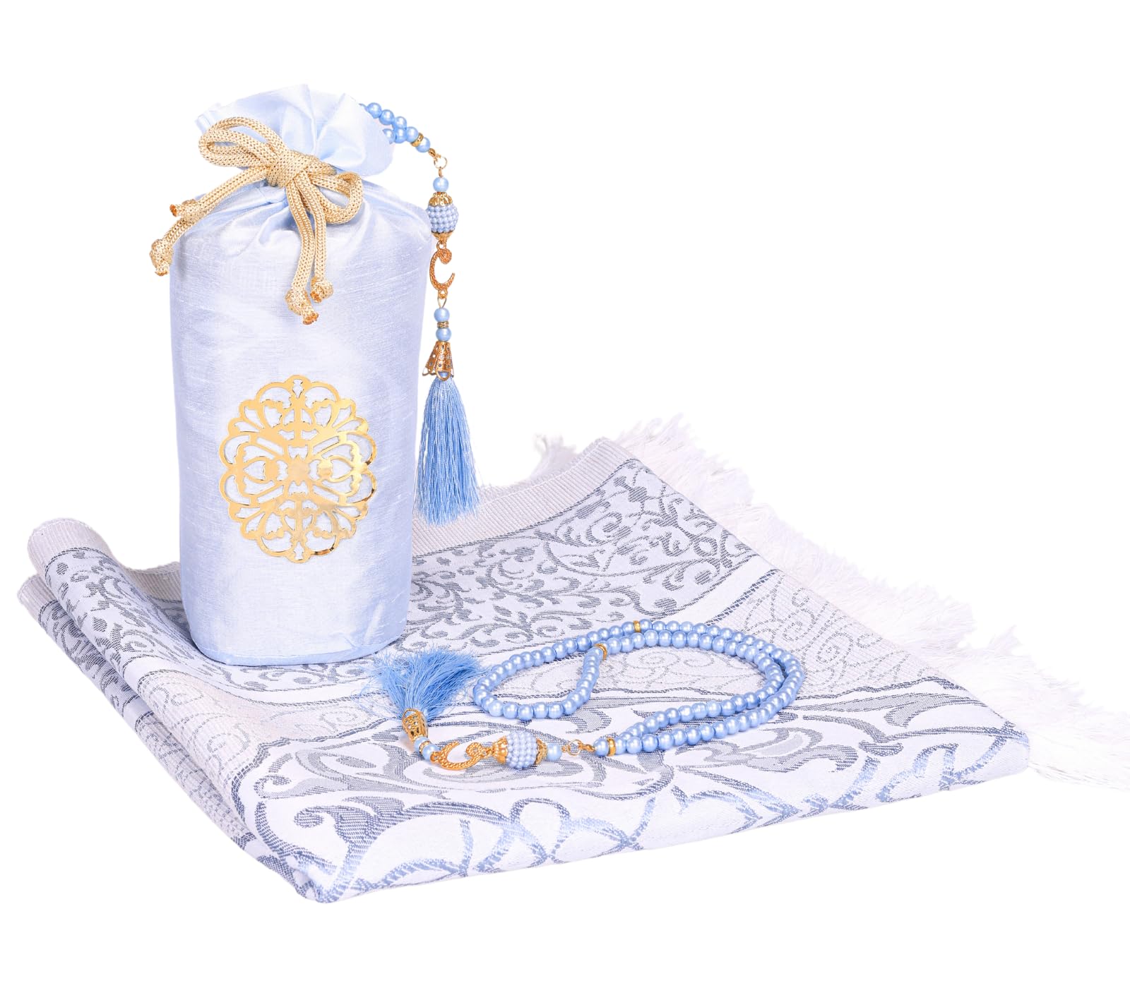 Prien Prayer Rug with Tasbih Bag for Pray, Muslim Gifts Bayram, Mat Salah, Sajadah for Women & Men, Islamic Gift Set for Islam Ramadan, Prayer, Praying, Eid, Quran (Blue)