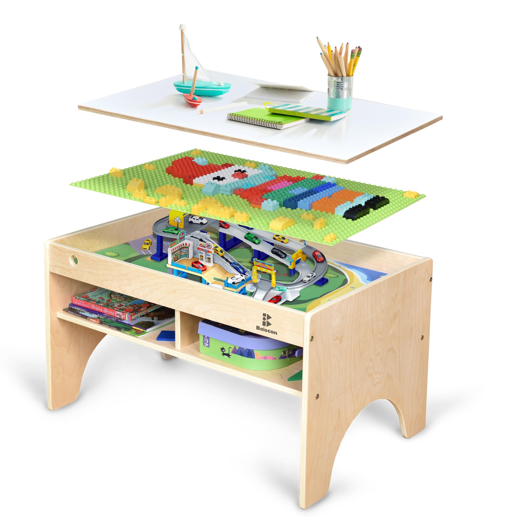 Bolocon Kids 3-in-1 Wooden Art & Activity Table Playset Furniture with 4 Compartments for Storage, Play Table Compatible with Blocks&Bricks and Train Set for Preschool Toddler Boy & Girl (STD.)