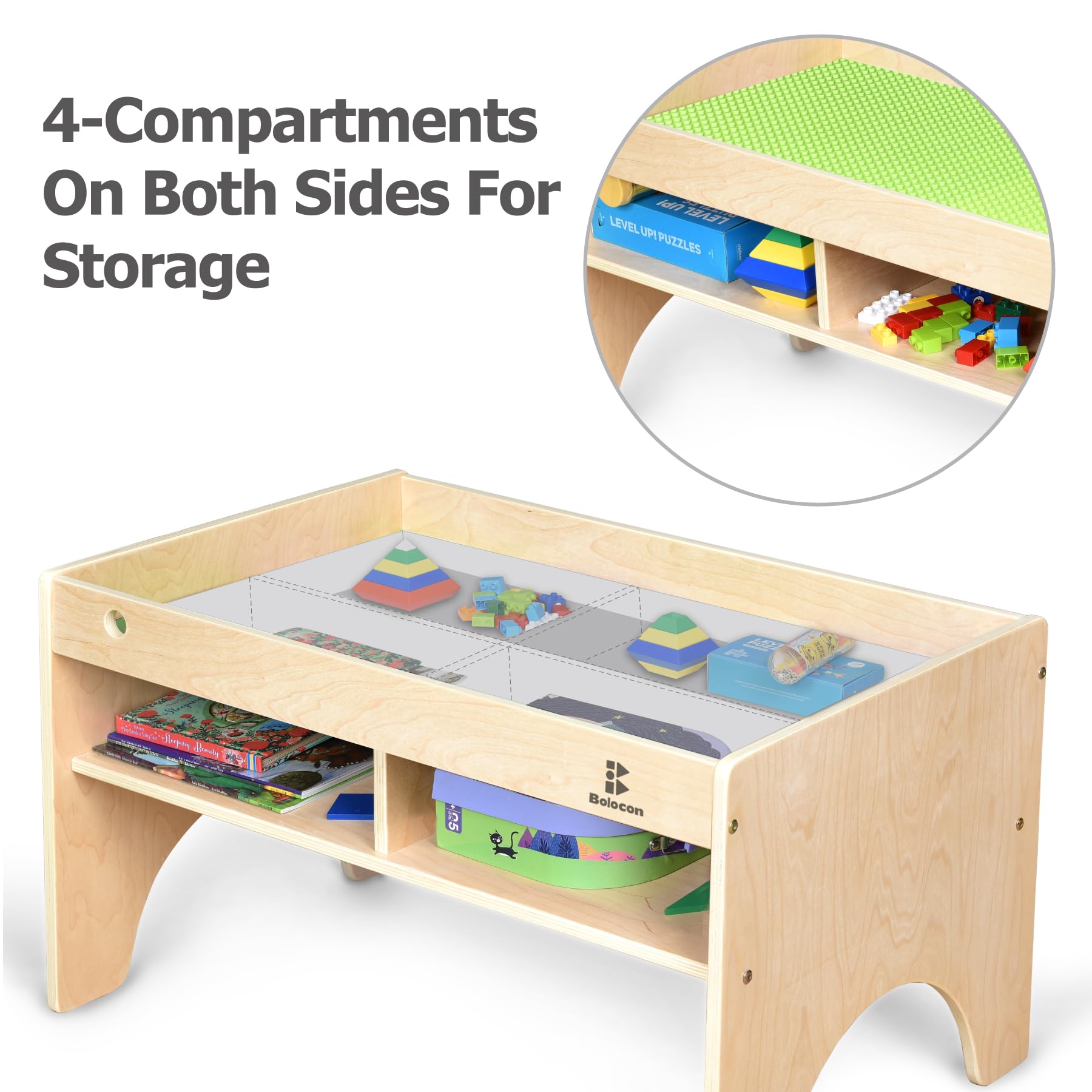 Bolocon Kids 3-in-1 Wooden Art & Activity Table Playset Furniture with 4 Compartments for Storage, Play Table Compatible with Blocks&Bricks and Train Set for Preschool Toddler Boy & Girl (STD.)