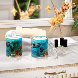 FLildon Underwater Sea Turtle Qtip Holder Dispenser, Bathroom Organizer and Storage Containers, 2Pack Clear Plastic Apothecary Jars with Lids for Cotton Ball, Cotton Swab, Floss