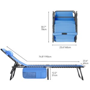 YITAHOME Patio Lounge Chair, Portable Reclining Chairse Lounge Folding Camping Cot 5 Posistion Adjustable w/Head Pillow & Portable Handbag for Camping, Pool, Beach and Patio, Blue