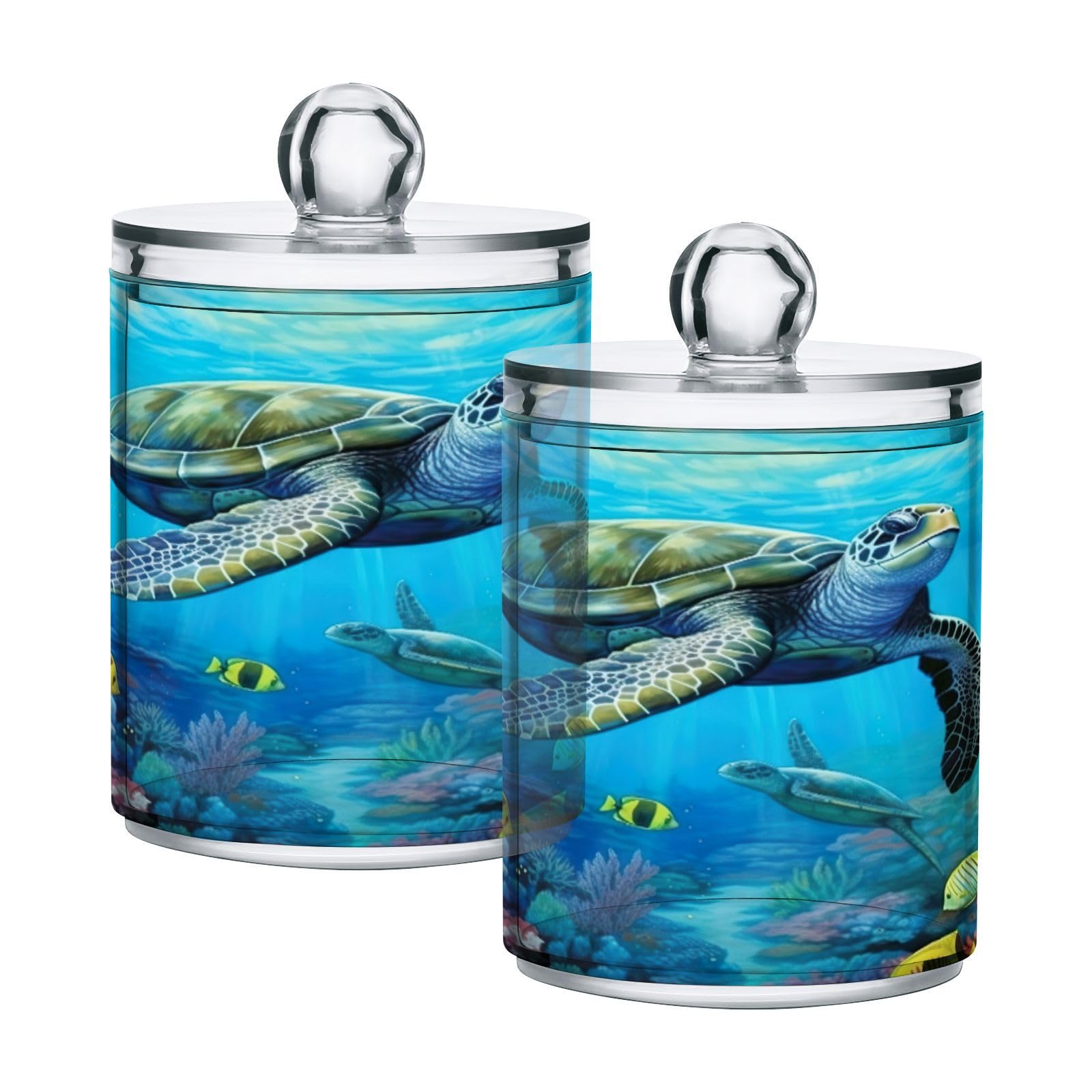 FLildon Underwater Sea Turtle Qtip Holder Dispenser, Bathroom Organizer and Storage Containers, 2Pack Clear Plastic Apothecary Jars with Lids for Cotton Ball, Cotton Swab, Floss