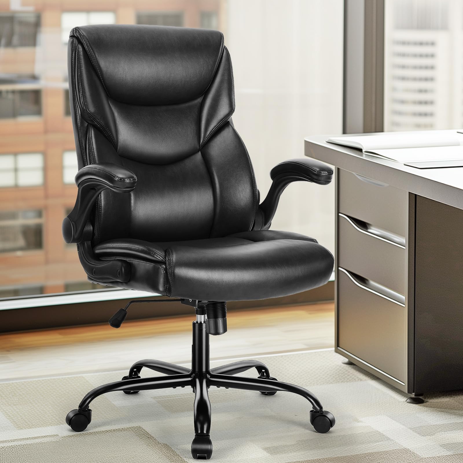 Office Chair - Ergonomic Executive Computer Desk Chairs with Adjustable Flip-up Armrest, Swivel Task Chair with Lumbar Support, Strong Metal Base, PU Leather, Black