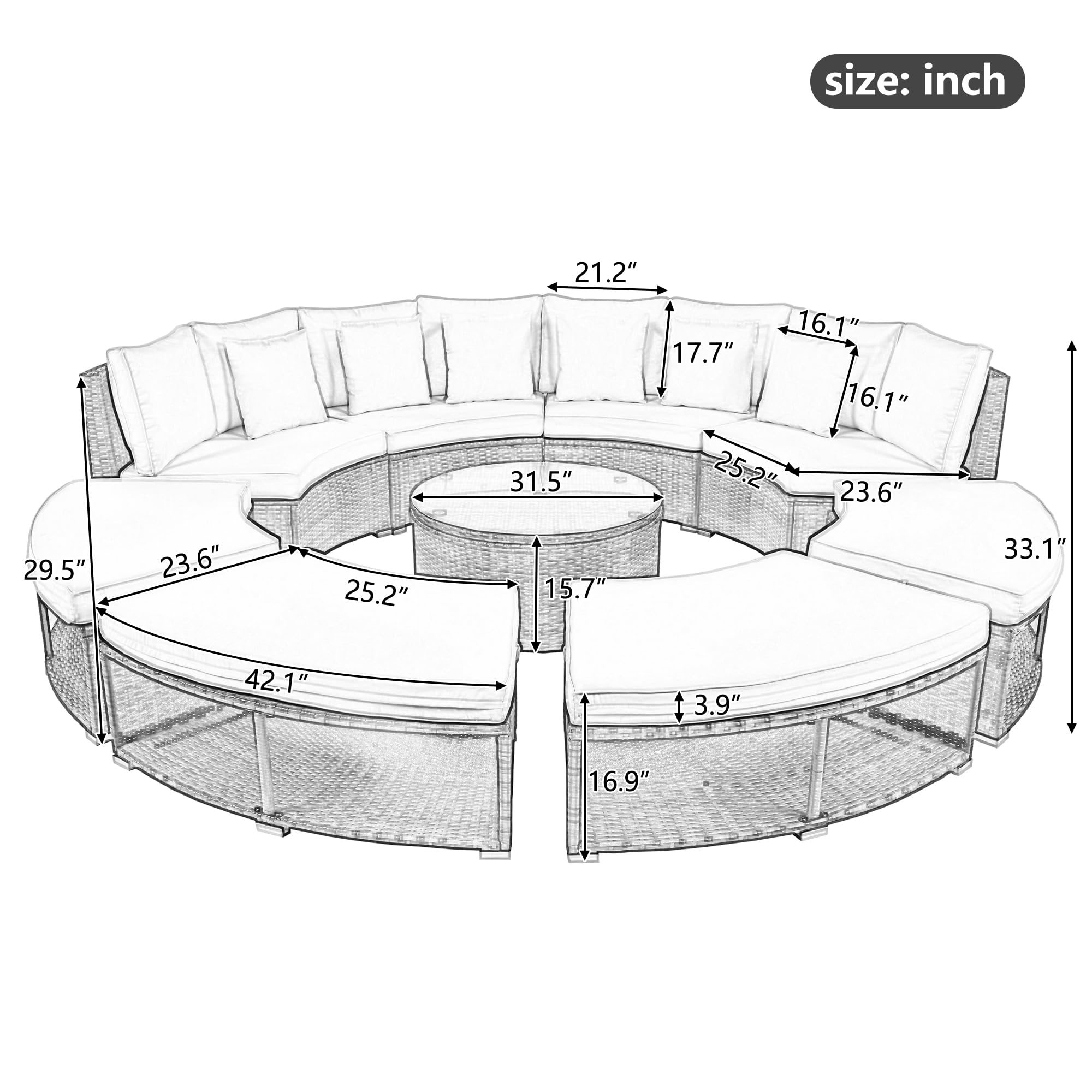 Merax Patio Furniture Set, 9-Piece Outdoor Patio Conversation Set Luxury Circular Outdoor Sofa Set Rattan Wicker Sectional Sofa Lounge Set with Tempered Glass Coffee Table, 6 Pillows, Beige