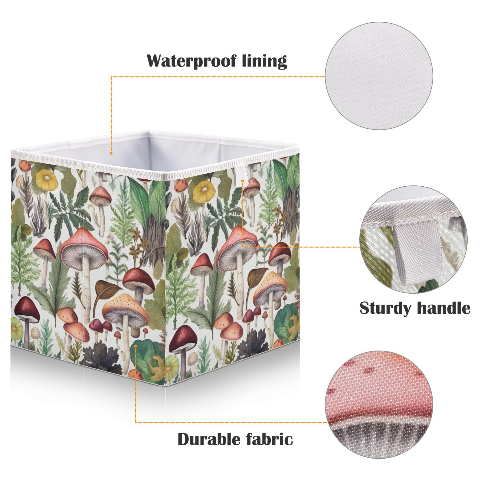 Haskirky Wild Mushroom Foldable Collapsible Storage Box Bins,11x11x11 Inch Cubes Baskets Fabric Storage Bins with Handles for Shelves Nursery Closet Home Decor