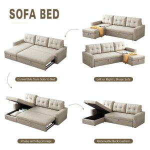 Ball & Cast 81.5" Convertible Sectional Sleeper Sofa, L-Shaped Upholstered Pull Out Couch Bed with Storage Recliner & Removable Back Cushions, Beige