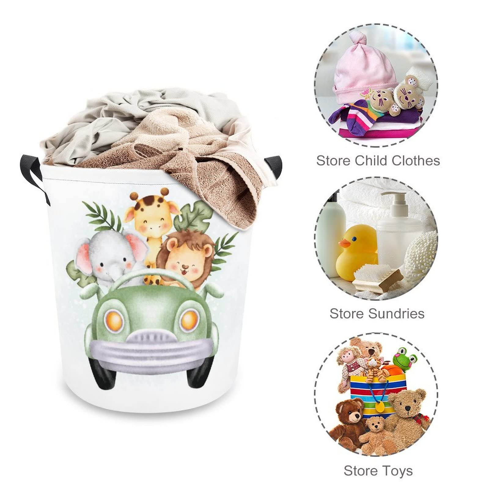 TsyTma Cute Safari Animals Baby Laundry Basket Lion Elephant Giraffe Basket Jungle Nursery Decor Collapsible Laundry Hamper with Handles Small Round Toy Bin baby hamper for nursery Bedroom,Bathroom