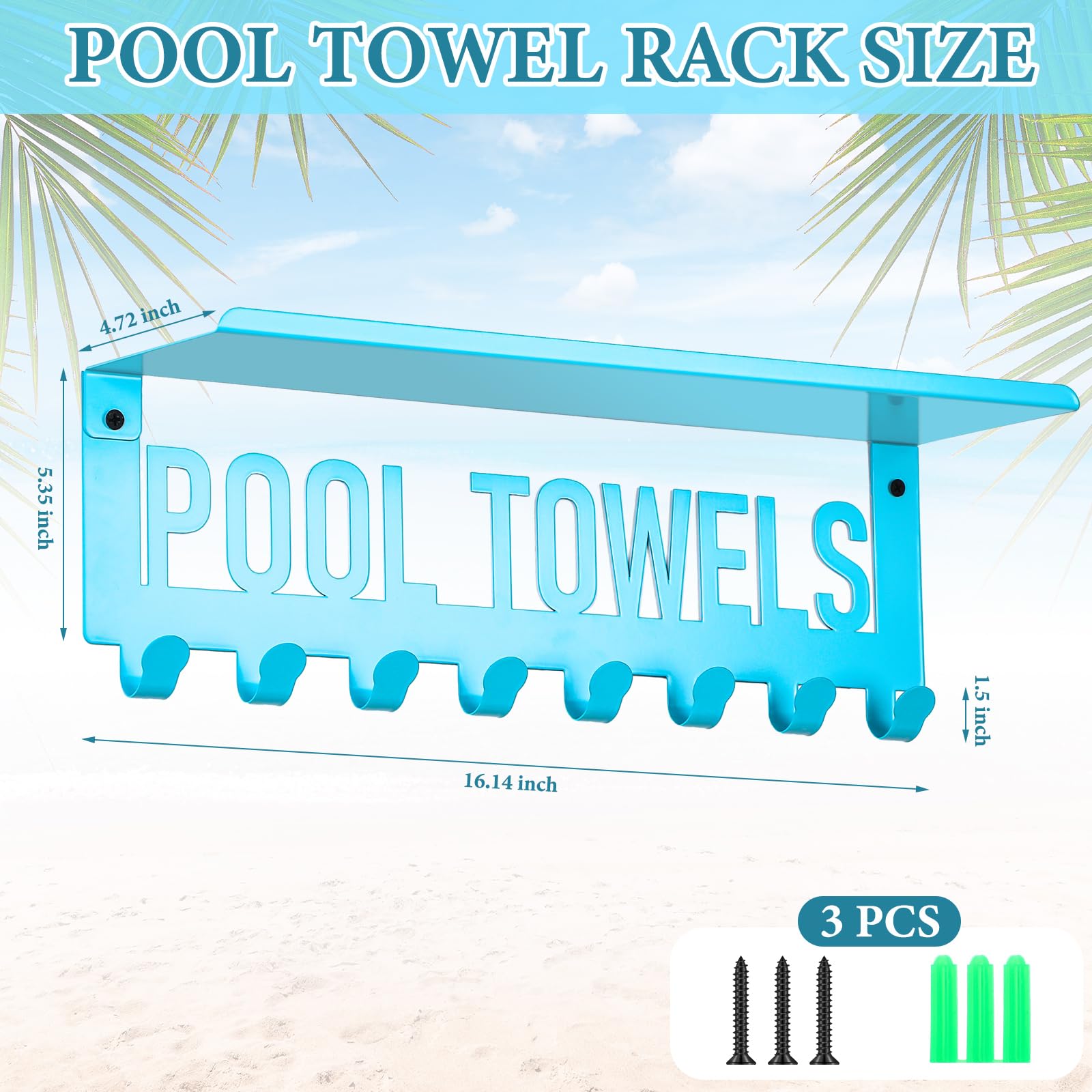 Tandefio Pool Towel Rack with Shelf Outdoor Wall Mounted Towel Holder 8 Hooks for Pool Bathroom Blue Metal Towel Hanger Towel Storage Indoor Outdoor for Robe, Towel, Coat, Swimsuit, Bag, Keys