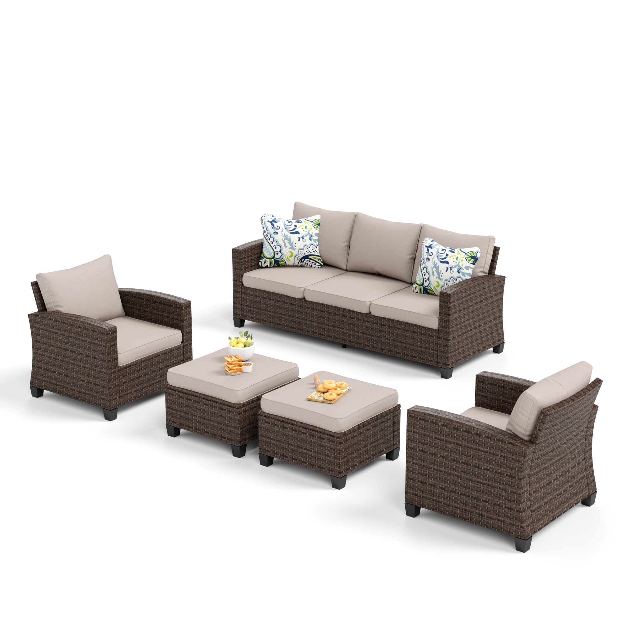 SUNSHINE VALLEY Patio Furniture Set Outdoor Furniture Brown Wicker Rattan Patio Conversation Sets with Cushion Outside Sofa Set,5 Pieces 7 Seats,Beige