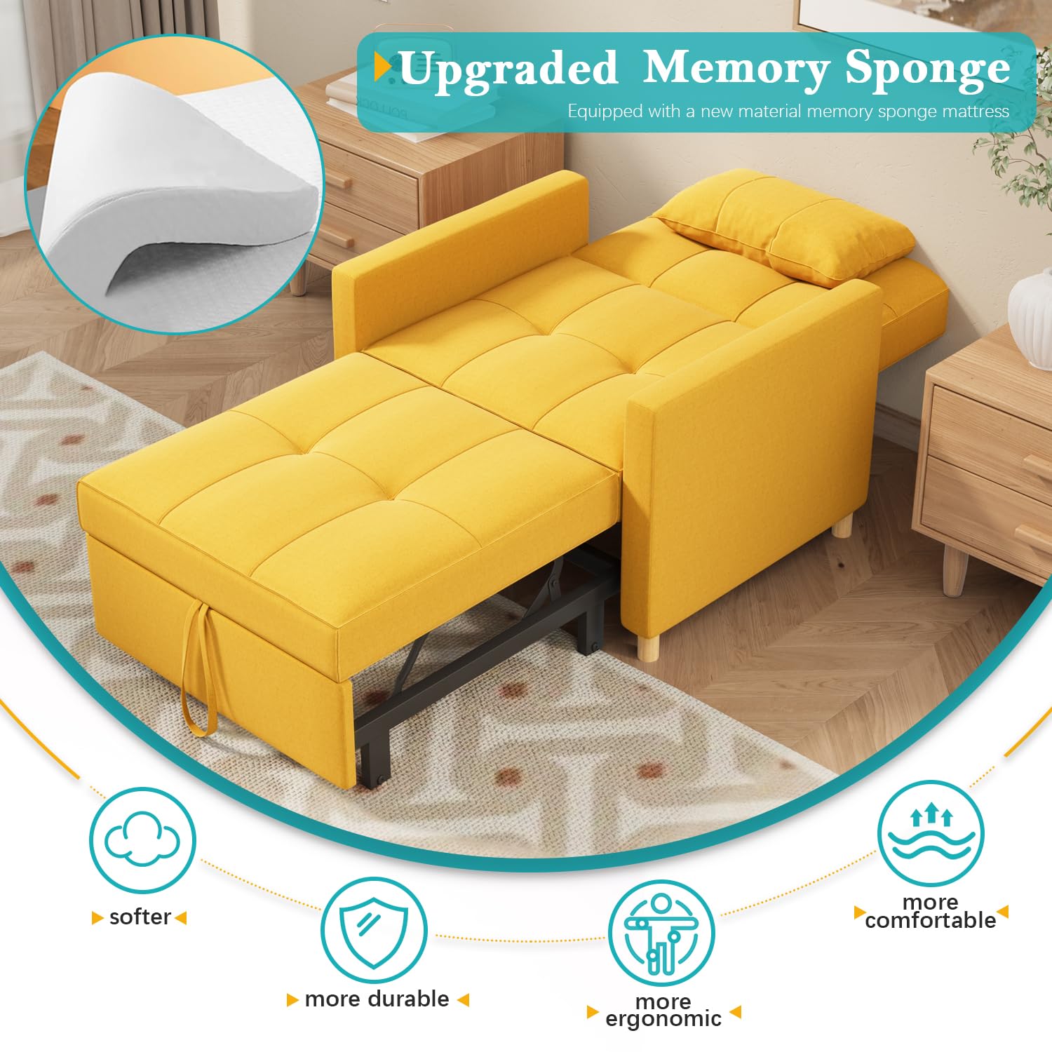 YODOLLA Sleeper Chair, 3 in 1 Chair Bed Sleeper for Adults, Fold Out Sofa Cama with Pillow and Convertible Backrest, Multi-Functional Couch Loveseat Reading Chair for Small Space, Yellow