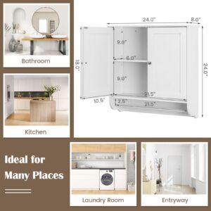 COSTWAY Bathroom Cabinet Wall Mounted, Over The Toilet Storage Cabinet with Towel Bar, 2 Doors and Adjustable Shelf, Space-Saving Wall Cabinet Medicine Cabinet for Bathroom Kitchen (White)