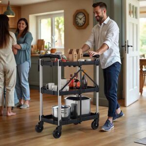 YITAHOME Folding Utility Service Cart, 240LBS 3 Tier Foldable Cart with Wheels Collapsible Cart on Wheels with 360°Swivel Wheels (2 with Brakes), Portable Cart for Home Garage Restaurant Office