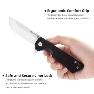 EMHTiii Pocket Folding EDC Knife: 2.95" D2 Steel Stonewashed Blade, G10 Scales, Flipper Liner Lock, Reversible Clip, Great Gifts for Men Women Camping Hiking Outdoor, Black