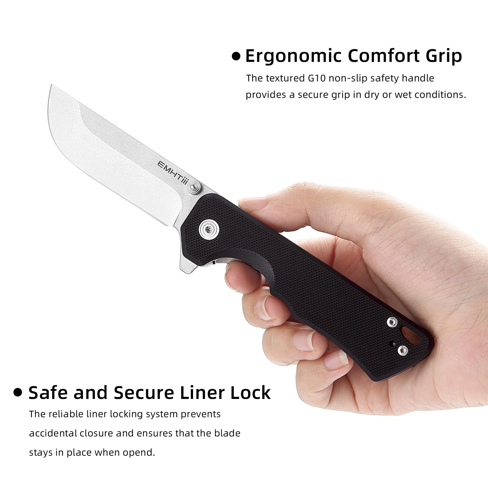 EMHTiii Pocket Folding EDC Knife: 2.95" D2 Steel Stonewashed Blade, G10 Scales, Flipper Liner Lock, Reversible Clip, Great Gifts for Men Women Camping Hiking Outdoor, Black