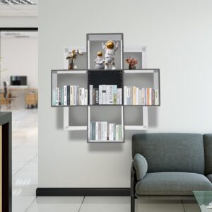 LyeXD 3 Tiers Wall Shelf w/9 Compartments, 35.43in Long Floating Shelf for Wall Multi-Grid Wall Mounted Bookcase up to 66.1lbs, Unique Bookshelf Storage Shelves for Bedroom (Black+White)