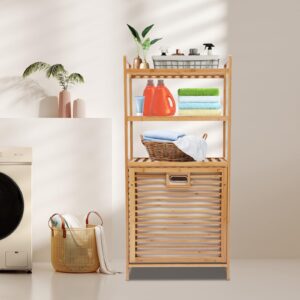 MEIWAIZX Bamboo Laundry Hamper Tilt Out Basket Laundry Hamper 4-Tier Linen Hamper with Removable Clothes Storage Basket, Freestanding Bamboo Laundry Shelf for Laundry Bathroom Bedroom