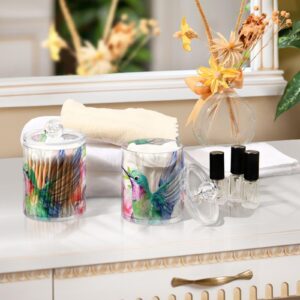 GOODOLD Hummingbirds Qtip Holder 2 Pack - 10 Oz Clear Plastic Apothecary Jar Set for Bathroom Organization - Versatile Canister Storage for Cotton Balls, Swabs, Rounds