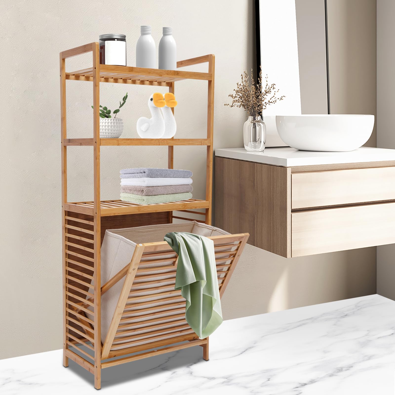 MEIWAIZX Bamboo Laundry Hamper Tilt Out Basket Laundry Hamper 4-Tier Linen Hamper with Removable Clothes Storage Basket, Freestanding Bamboo Laundry Shelf for Laundry Bathroom Bedroom