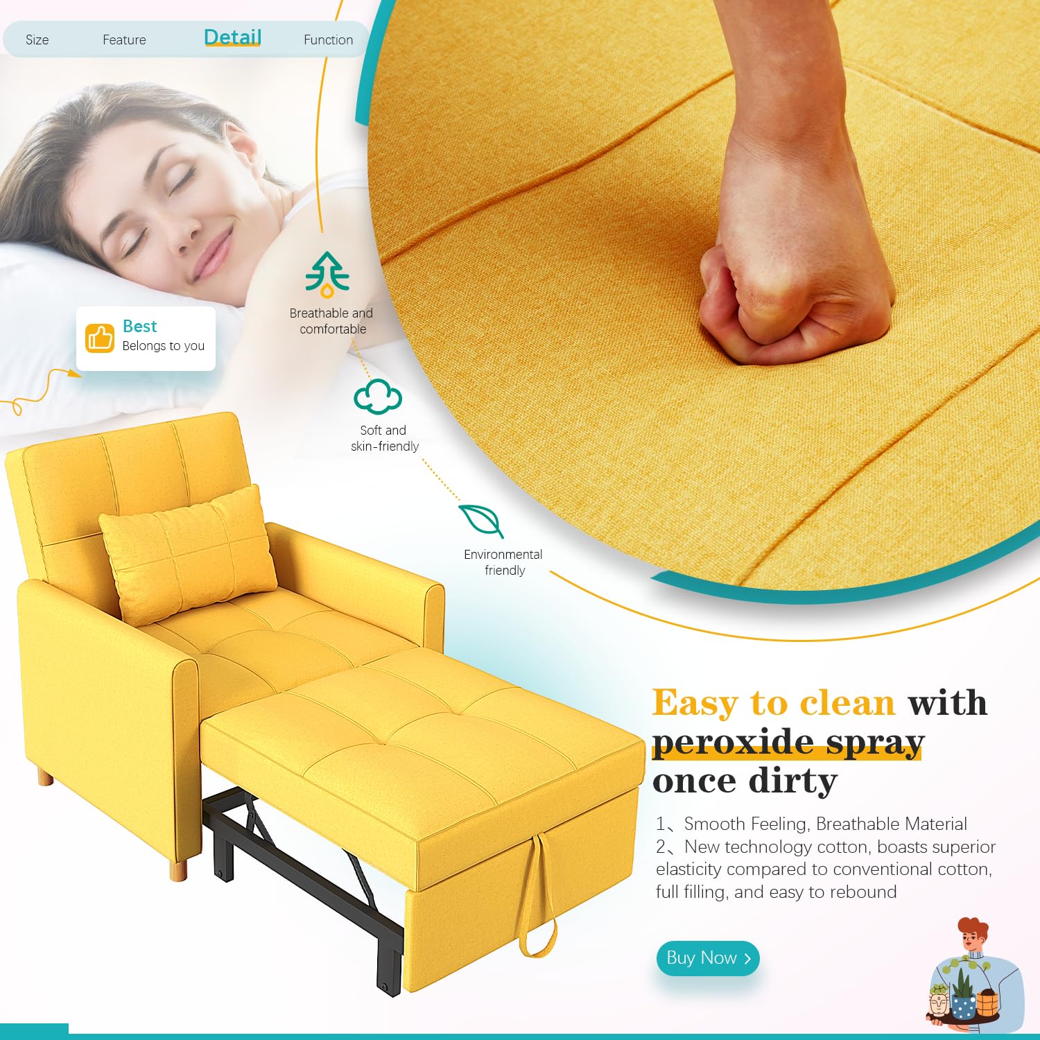 YODOLLA Sleeper Chair, 3 in 1 Chair Bed Sleeper for Adults, Fold Out Sofa Cama with Pillow and Convertible Backrest, Multi-Functional Couch Loveseat Reading Chair for Small Space, Yellow