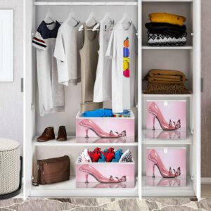 Haskirky Pink High Heels Foldable Collapsible Storage Box Bins,11x11x11 Inch Cubes Baskets Fabric Storage Bins with Handles for Shelves Nursery Closet Home Decor