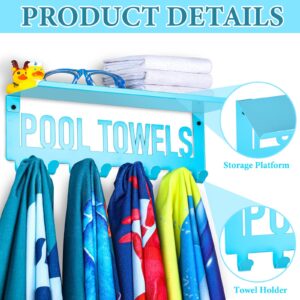 Tandefio Pool Towel Rack with Shelf Outdoor Wall Mounted Towel Holder 8 Hooks for Pool Bathroom Blue Metal Towel Hanger Towel Storage Indoor Outdoor for Robe, Towel, Coat, Swimsuit, Bag, Keys