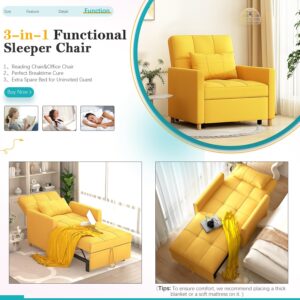 YODOLLA Sleeper Chair, 3 in 1 Chair Bed Sleeper for Adults, Fold Out Sofa Cama with Pillow and Convertible Backrest, Multi-Functional Couch Loveseat Reading Chair for Small Space, Yellow