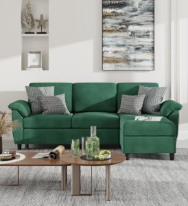 vongrasig 79" convertible sectional sofa couch, 3 seat l shaped sofa with removable pillows linen fabric small couch mid century for living room, apartment and office, green