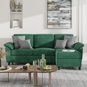 Vongrasig 79" Convertible Sectional Sofa Couch, 3 Seat L Shaped Sofa with Removable Pillows Linen Fabric Small Couch Mid Century for Living Room, Apartment and Office, Green