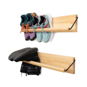 peachymodern wall mounted shoe rack - a wooden, modern, slim, and small shoe storage solution for shoes and boots in narrow spaces, entryways, or hallways. (30-in-wide, pack of 2)