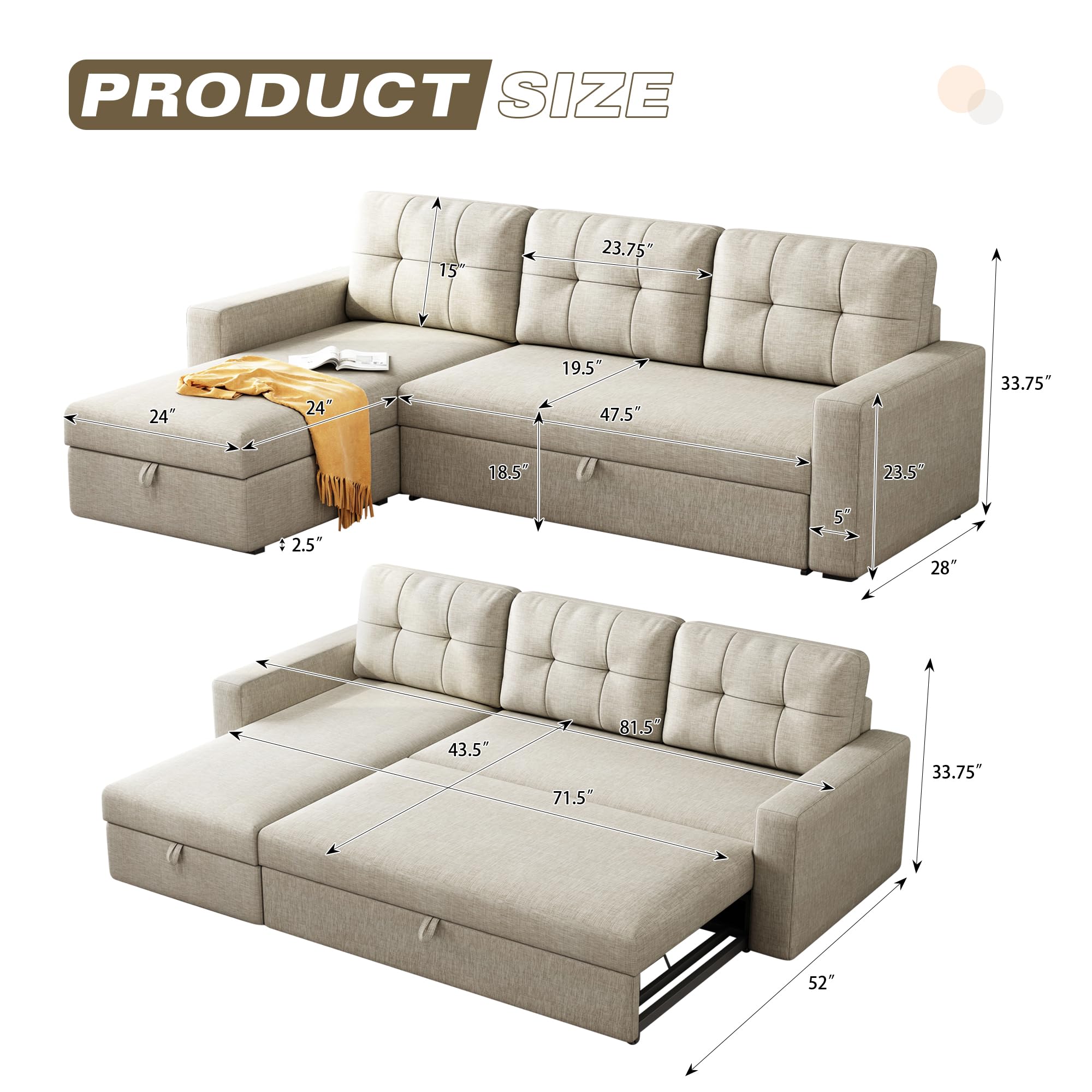 Ball & Cast 81.5" Convertible Sectional Sleeper Sofa, L-Shaped Upholstered Pull Out Couch Bed with Storage Recliner & Removable Back Cushions, Beige