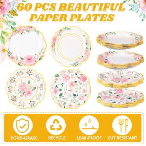 Pickmesh 60 Pcs Floral Paper Plates 7 Inches Floral Party Plates Pink Floral Disposable Dinner Plates Gold Foil Edge Paper Plate Tea Party Decoration for Baby Shower Bridal Shower Birthday Wedding