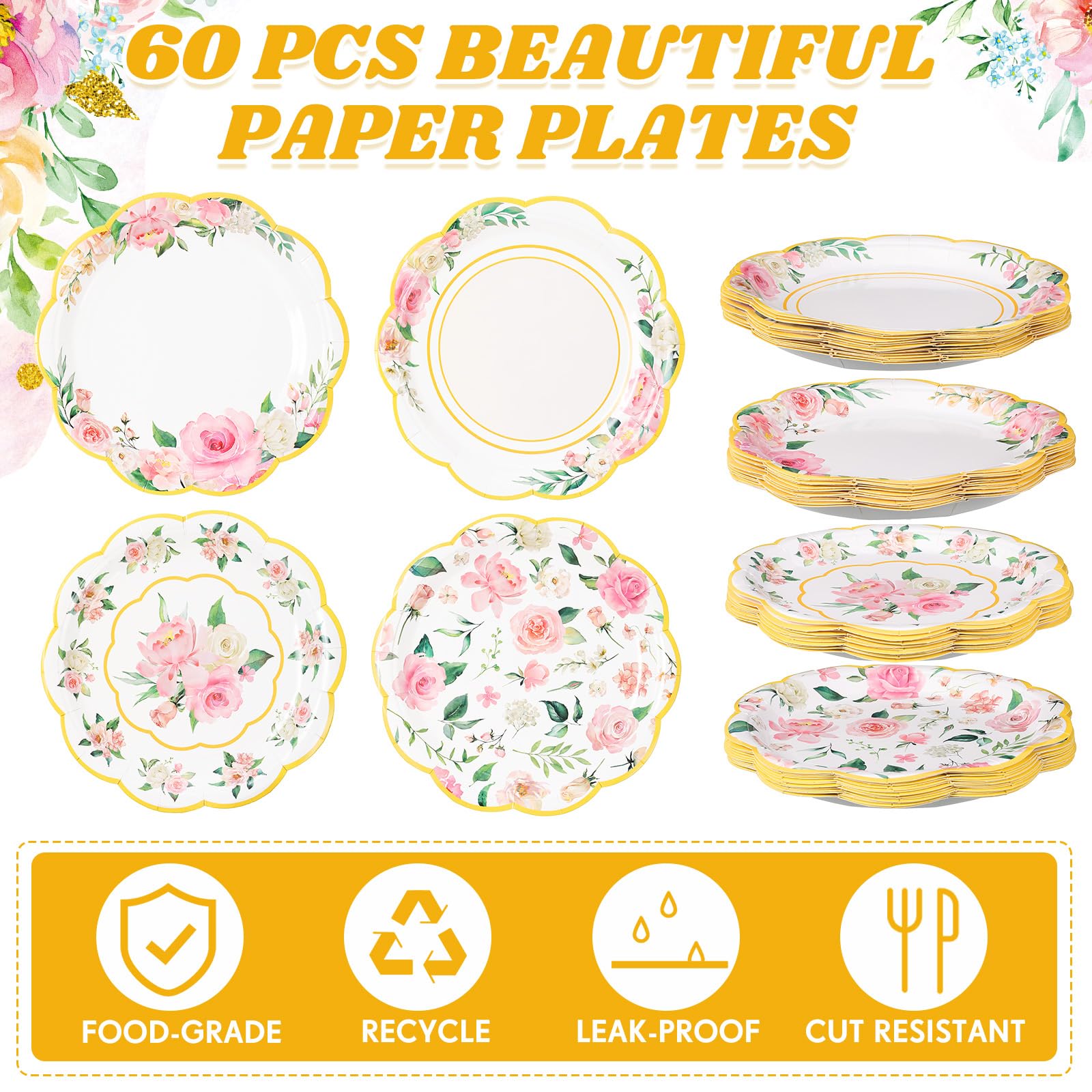 Pickmesh 60 Pcs Floral Paper Plates 7 Inches Floral Party Plates Pink Floral Disposable Dinner Plates Gold Foil Edge Paper Plate Tea Party Decoration for Baby Shower Bridal Shower Birthday Wedding