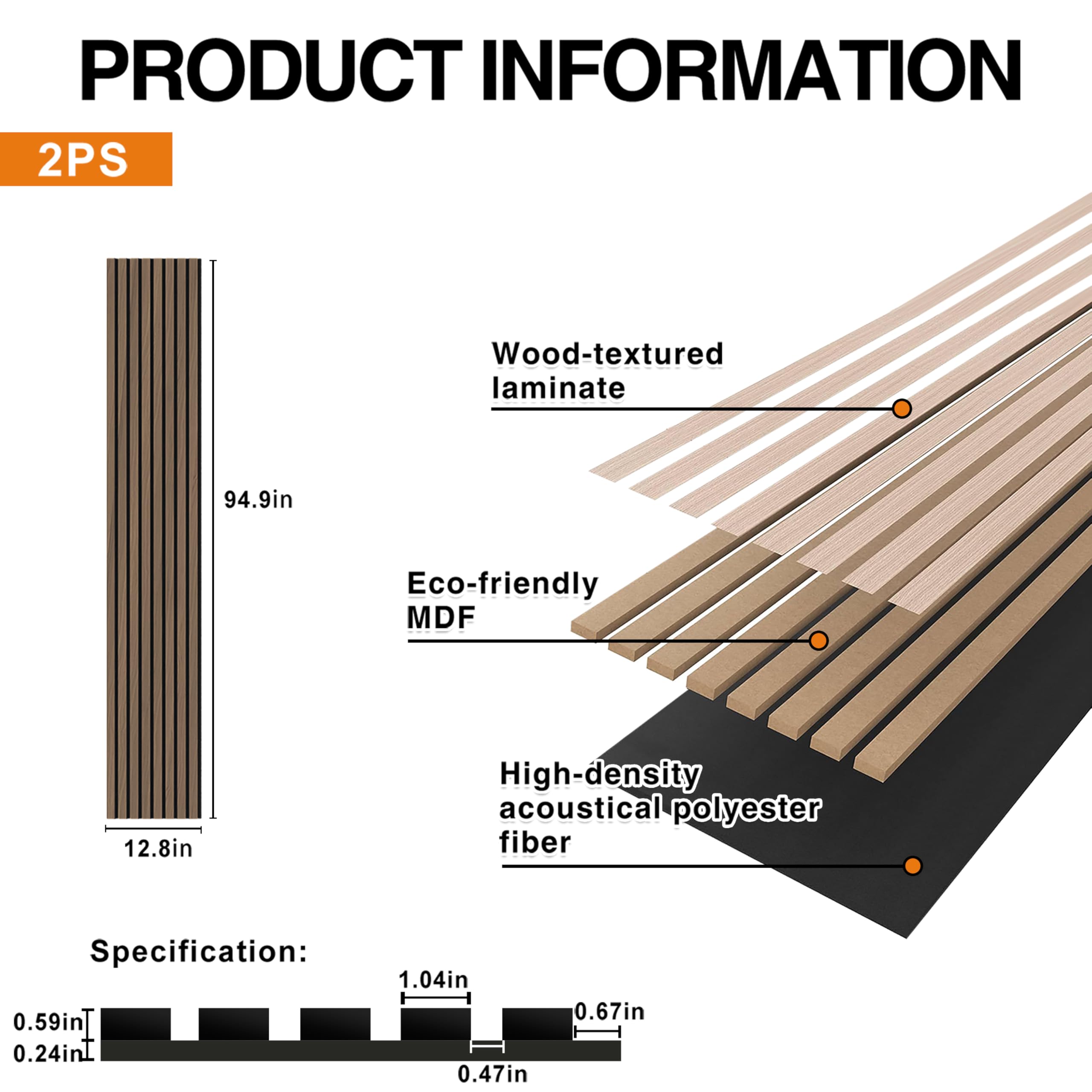 Acoustic Wood Wall Panels, 2-Pack 94.5" x 12.6" Soundproof Wall Panels, Wood Slat Wall Panels for Wall Decor, Walnut