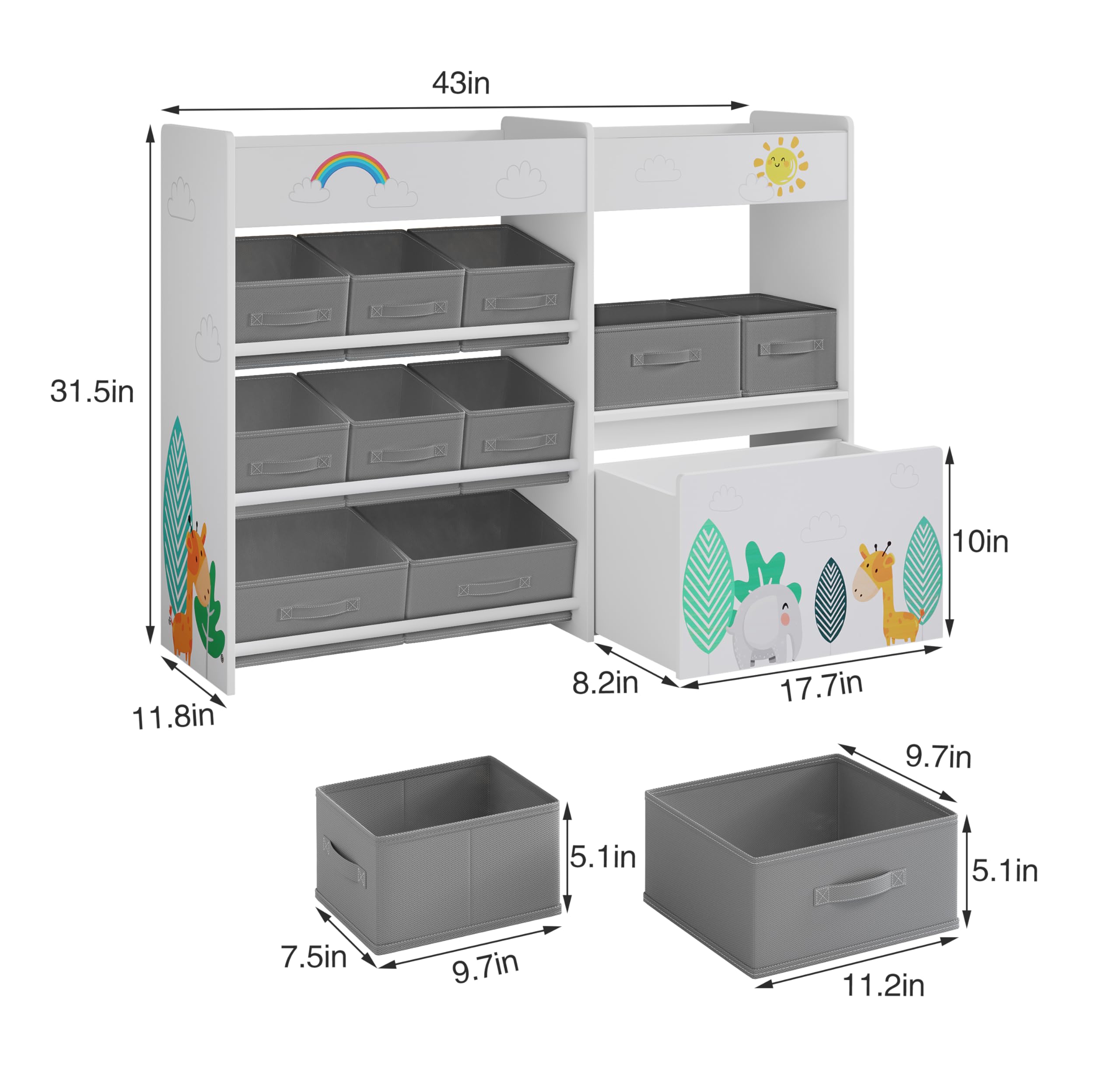 BOTLOG Toy Storage Organizer, Toy Bookshelf with 10 Fabric Bins and Movable Toy Chest, Toy Storage Cabinet for Playroom, Nursery, School