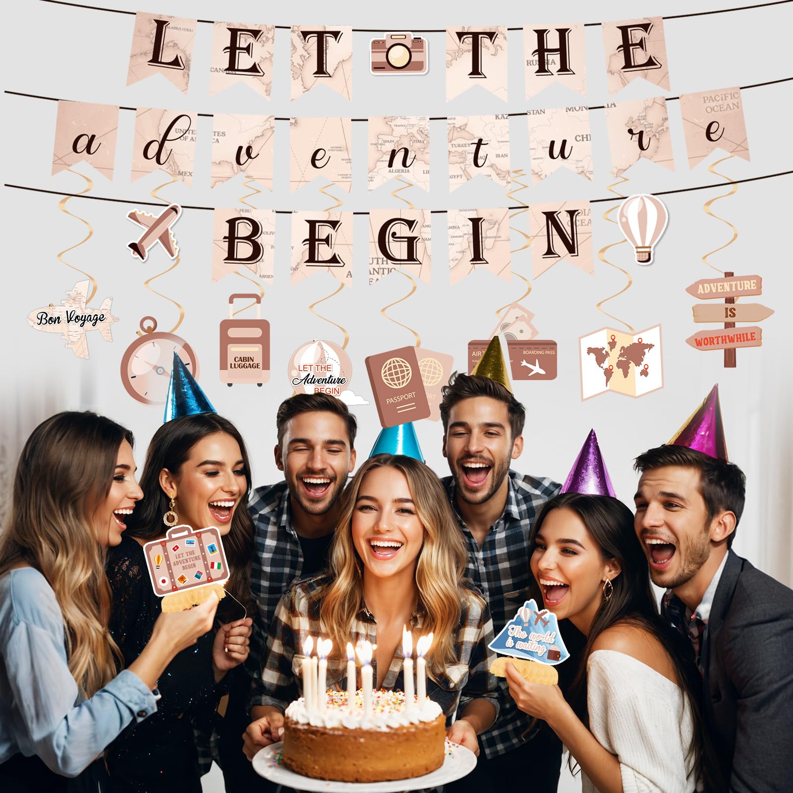 Let the Adventure Begin Decorations Travel Themed Party Banner Sign Hanging Swirls Honeycomb Centerpieces for Travel Birthday Graduation Retirement Farewell Going Away Bachelorette Party Supplies