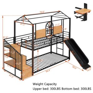 Twin Over Twin Bunk Bed with Slide, House Floor Bunk Bed with Storage Stairs and Shelves, Twin Bunk Beds for Kids, Girls, Boys, Black Bunk Bed Twin Size