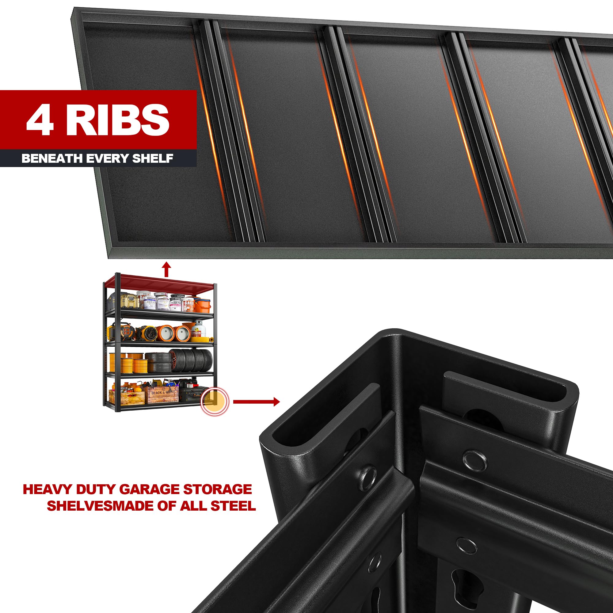 REIBII 48''W Garage Shelving 2500LBS Storage Shelves Heavy Duty Garage Shelves 5 Tier Adjustable Metal Shelves for Garage Storage Rack Heavy Duty Shelving Industrial Utility Shelf,48''W X 72''H X18''D