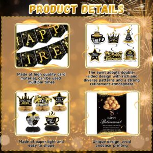 Happy Retirement Party Decorations for Men Women Black and Gold Retirement Party Decorations Happy Retirement Banner Backdrop Card Retirement Sash Hanging Swirls Foil Balloons Honeycomb Centerpieces