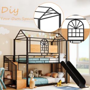 Twin Over Twin Bunk Bed with Slide, House Floor Bunk Bed with Storage Stairs and Shelves, Twin Bunk Beds for Kids, Girls, Boys, Black Bunk Bed Twin Size