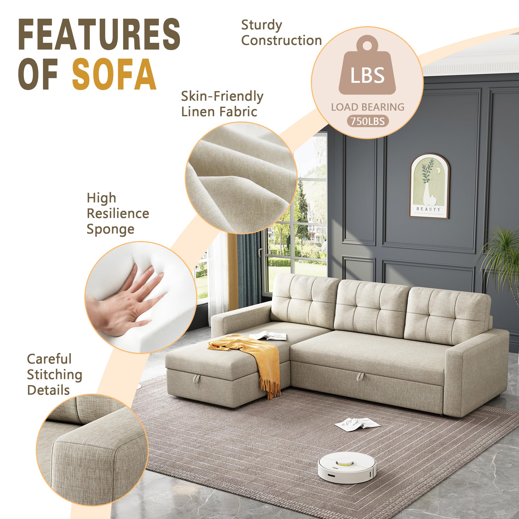 Ball & Cast 81.5" Convertible Sectional Sleeper Sofa, L-Shaped Upholstered Pull Out Couch Bed with Storage Recliner & Removable Back Cushions, Beige