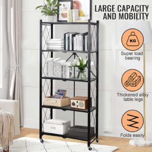 Fenbeli 5 Tier Storage Shelf with Wheels - Metal Collapsible Shelving Unit Display, Heavy Duty Folding Shelves, No Assembly Organizer Rack for Garage Kitchen, Basement, Pantry (Black, 5 Tier)