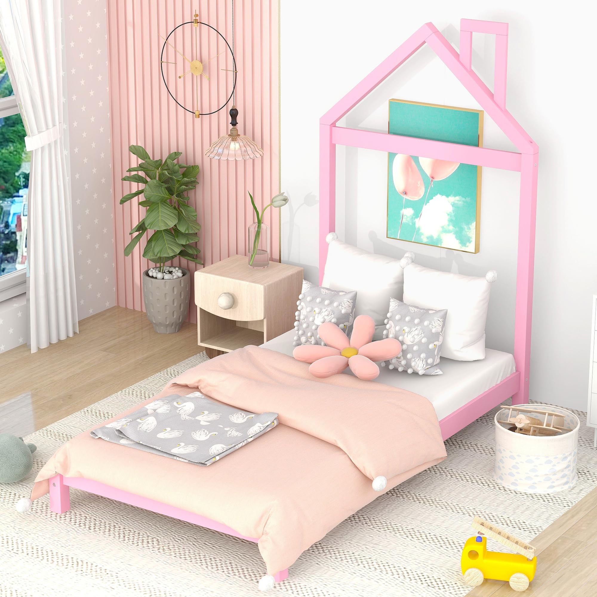 Twin Bed Frame/Kids Bed Frames with Headboard, Girls Bed Twin Size with House Shaped Headboard, Twin Size Bed for Kids, Twin Bed Frame Pink