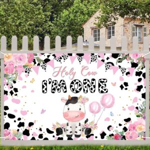 Avezano Holy Cow I'm One 1st Birthday Backdrop for Girls Pink Pink Flower Milk Cows 1st Birthday Party Decorations Holy Cow I'm One Banner Large 70.8 x 43.3 Inch